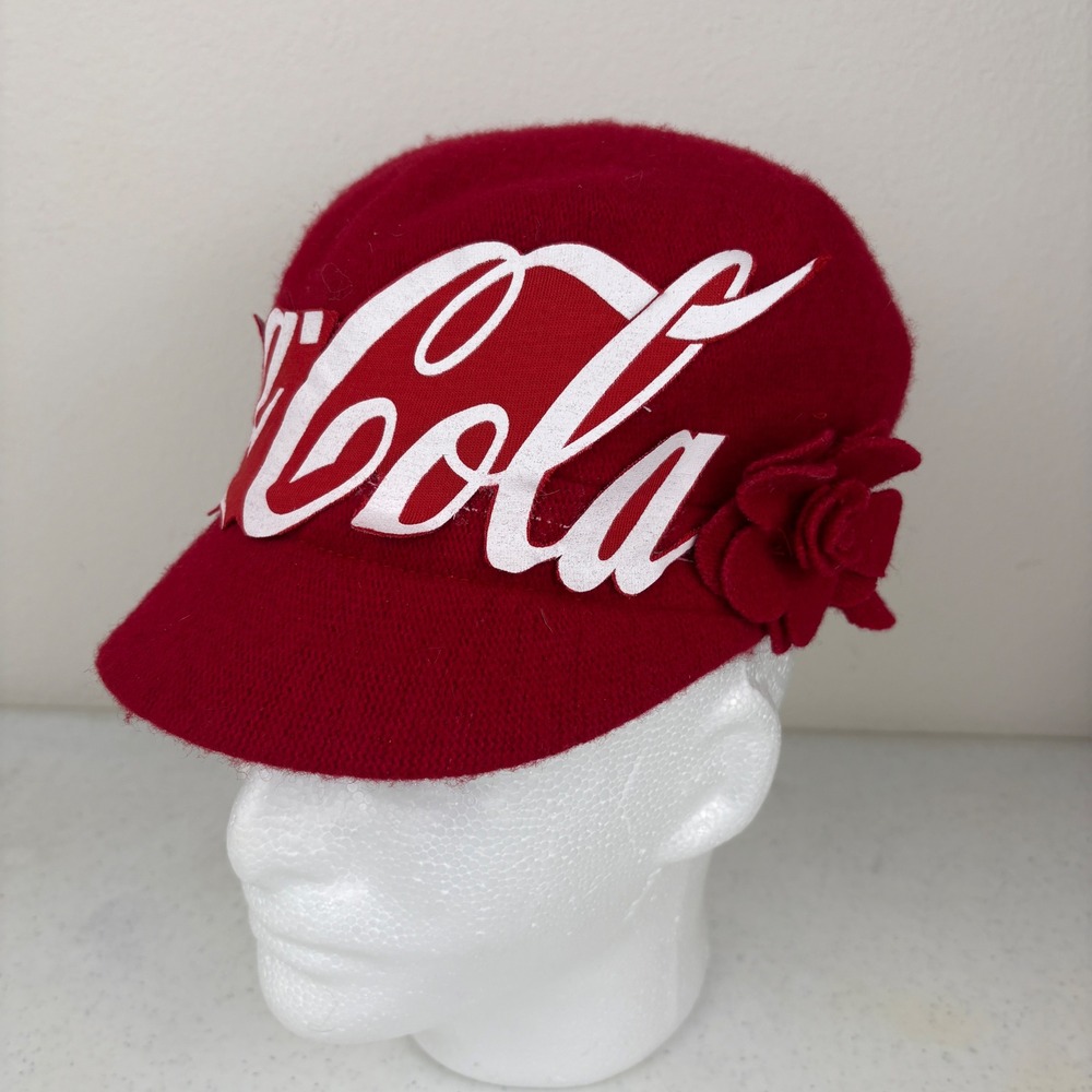Coca-Cola Red Wool Cadet Hat‎ 3D 
Flower Rosette OSFM Logo Cap Large Script